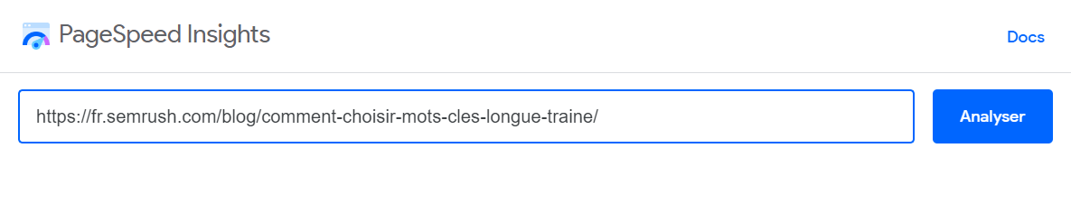 PageSpeed Insights, insérer URL