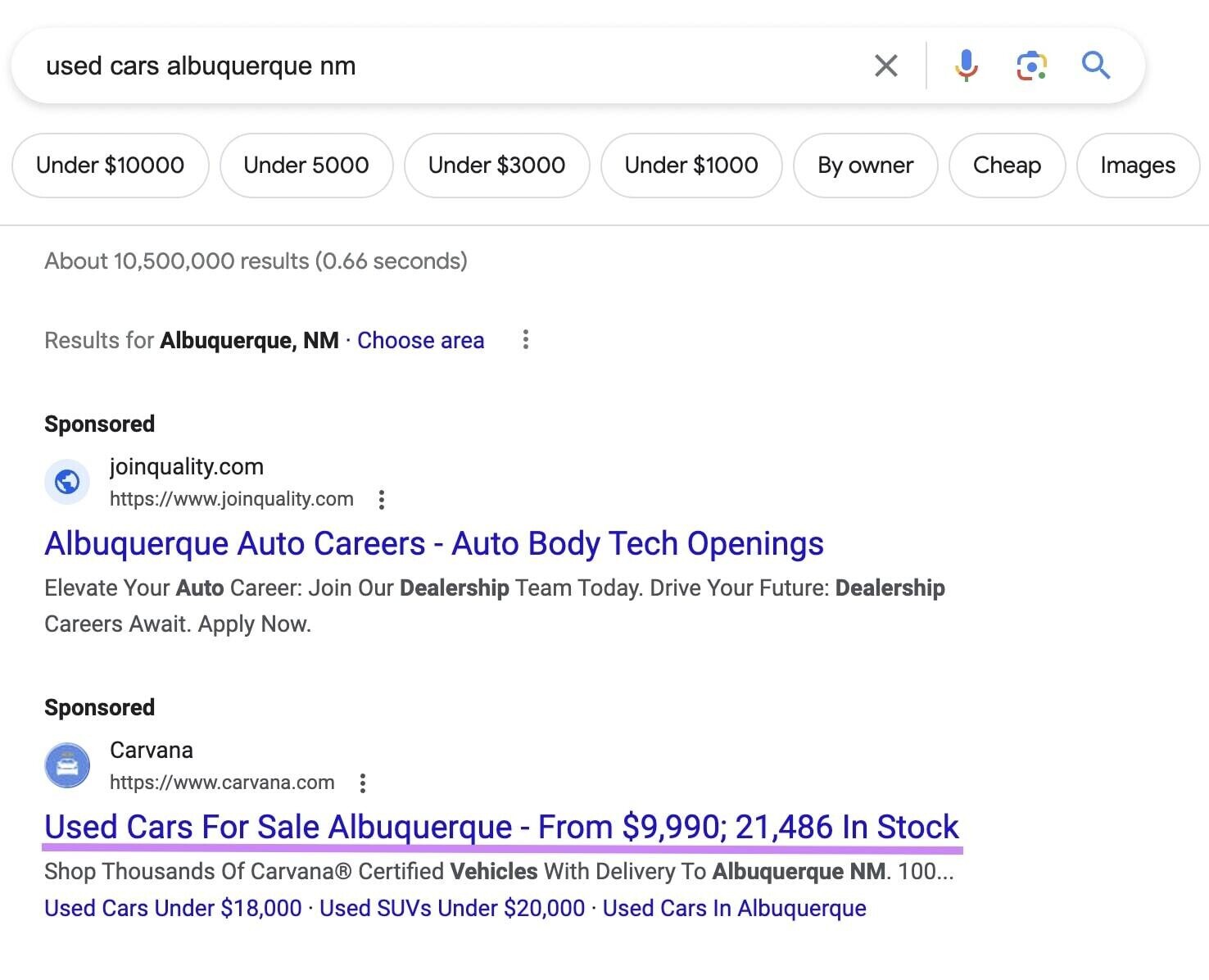 A headline for an ad for used cars for sale highlighted on Google SERP