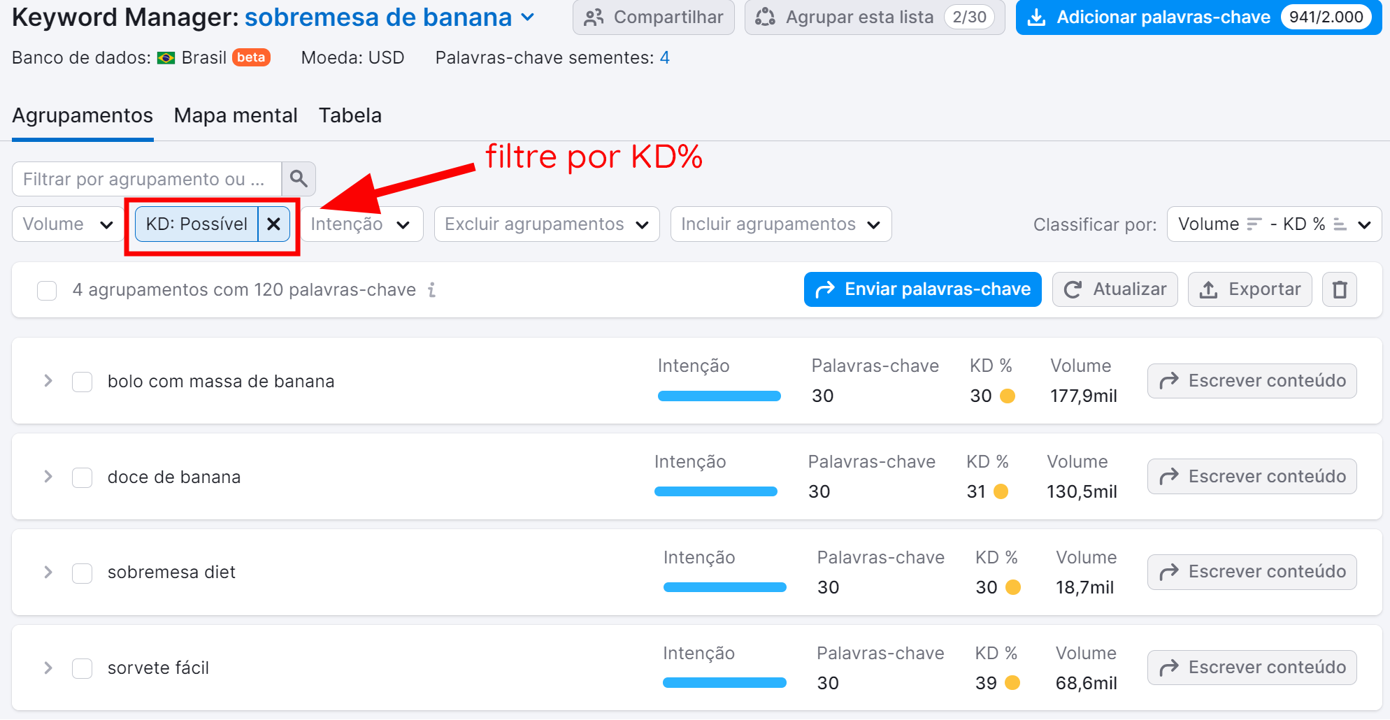 filtrando palavras-chave da sua lista na ferramenta keyword magic tool da semrush