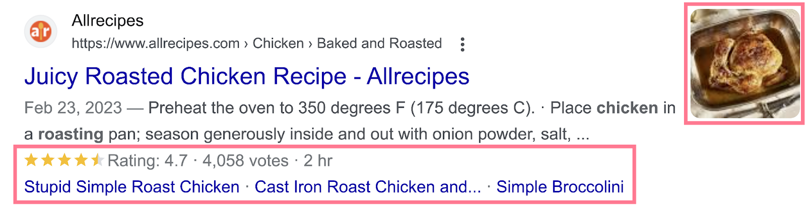 an example of a Google rich snippet for "Allrecipes"