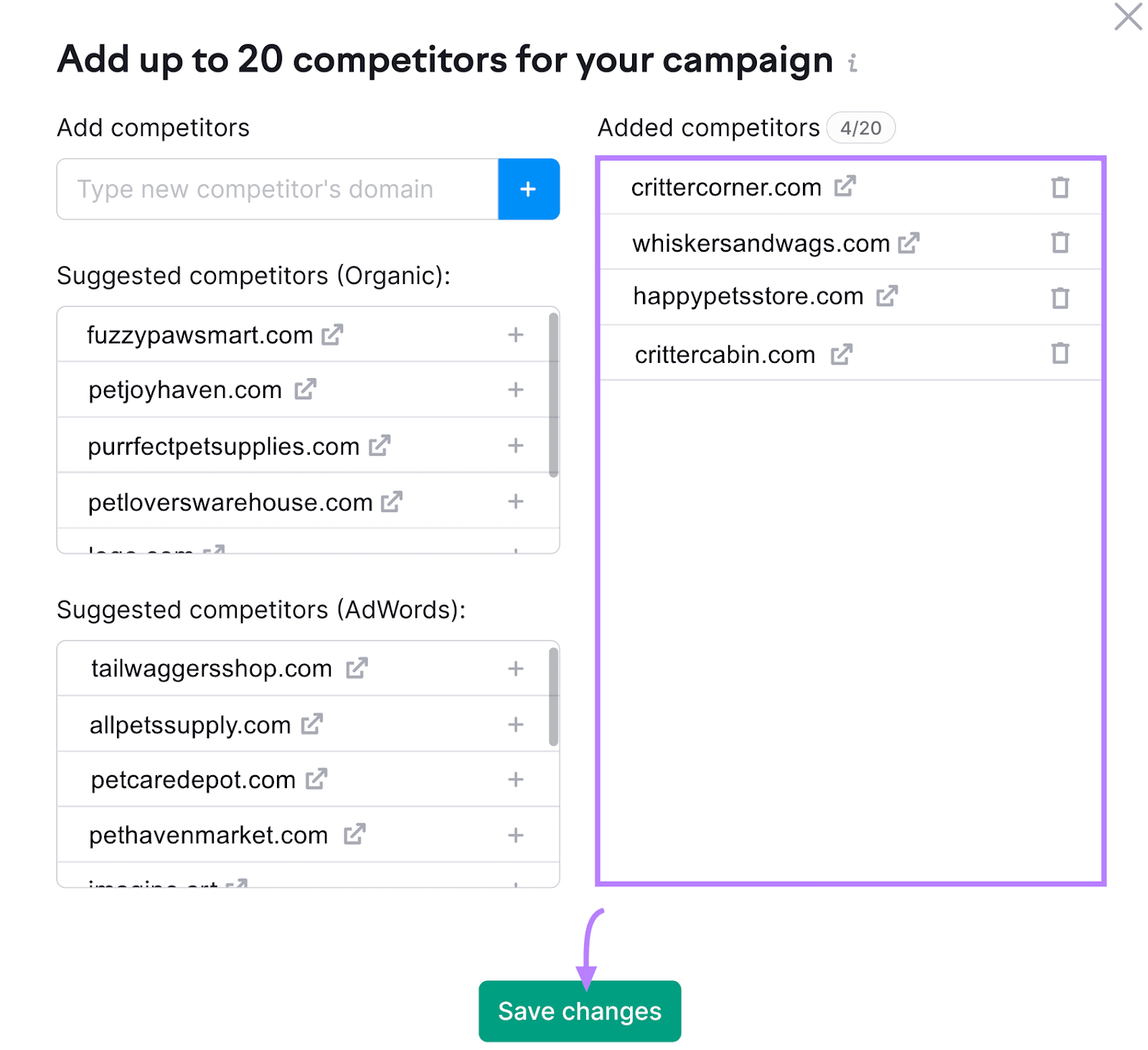 "Add" interface for adding up to 20 competitors with suggested and added competitors and a "Save changes" button.