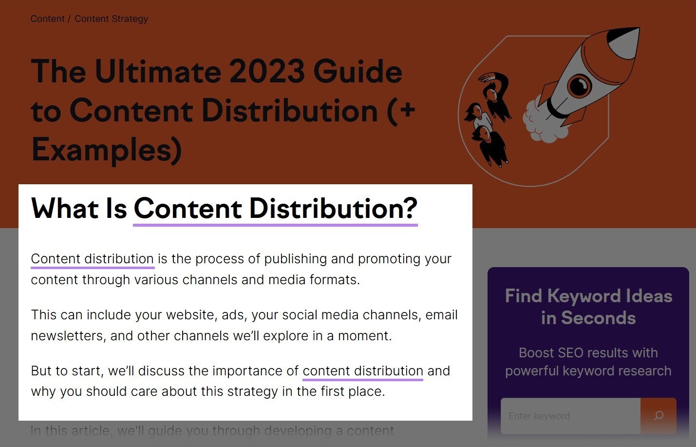 A section from Semrush blog on "What Is Content Distribution" showing how "content distribution keyword" appear naturally in the section