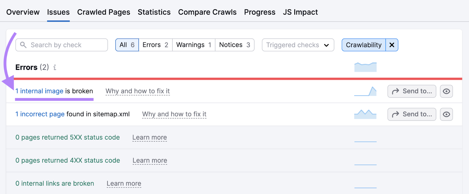 "1 internal image is broken" result highlighted under the "Errors" section in Site Audit tool