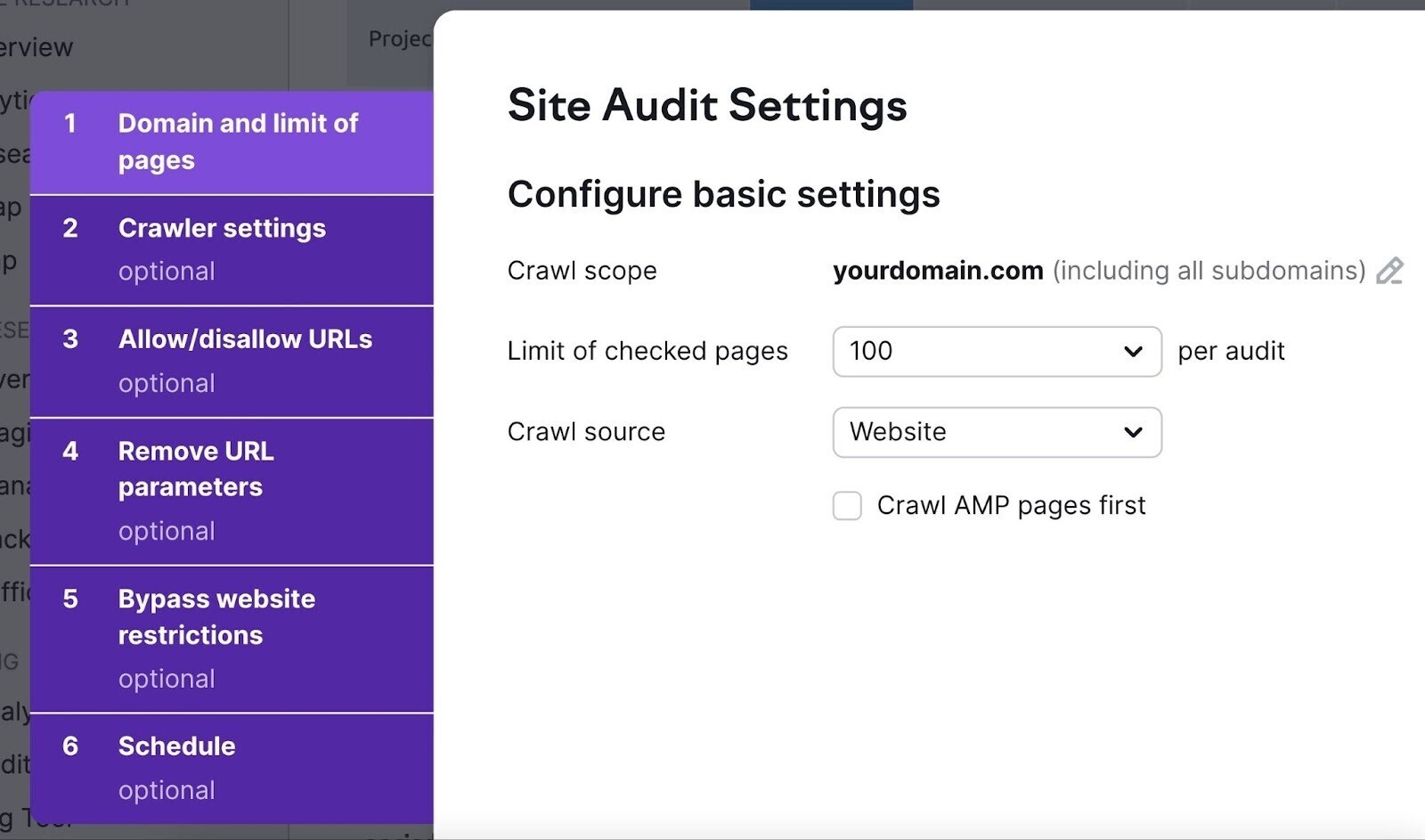 Site Audit Settings pop-up window