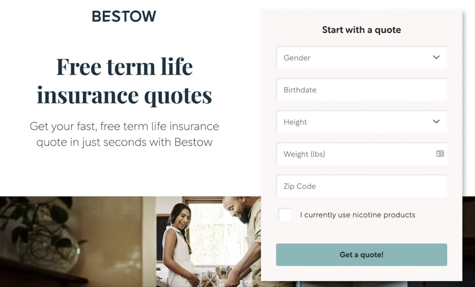 Life insurance quote form from Bestow alongside image of a smiling couple