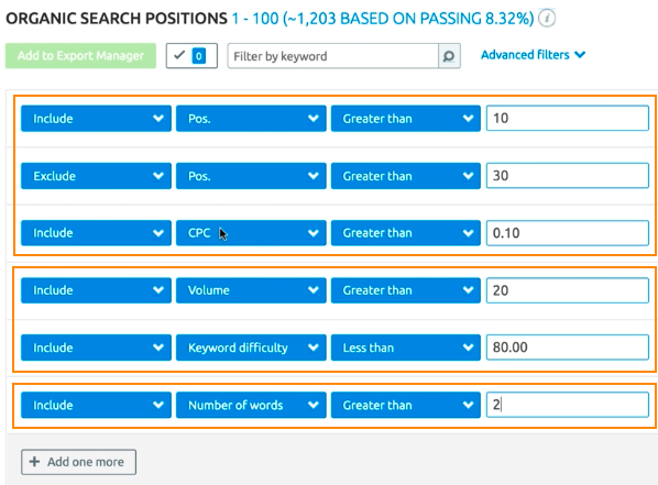 SEMrush Organic Positions Report filters applied