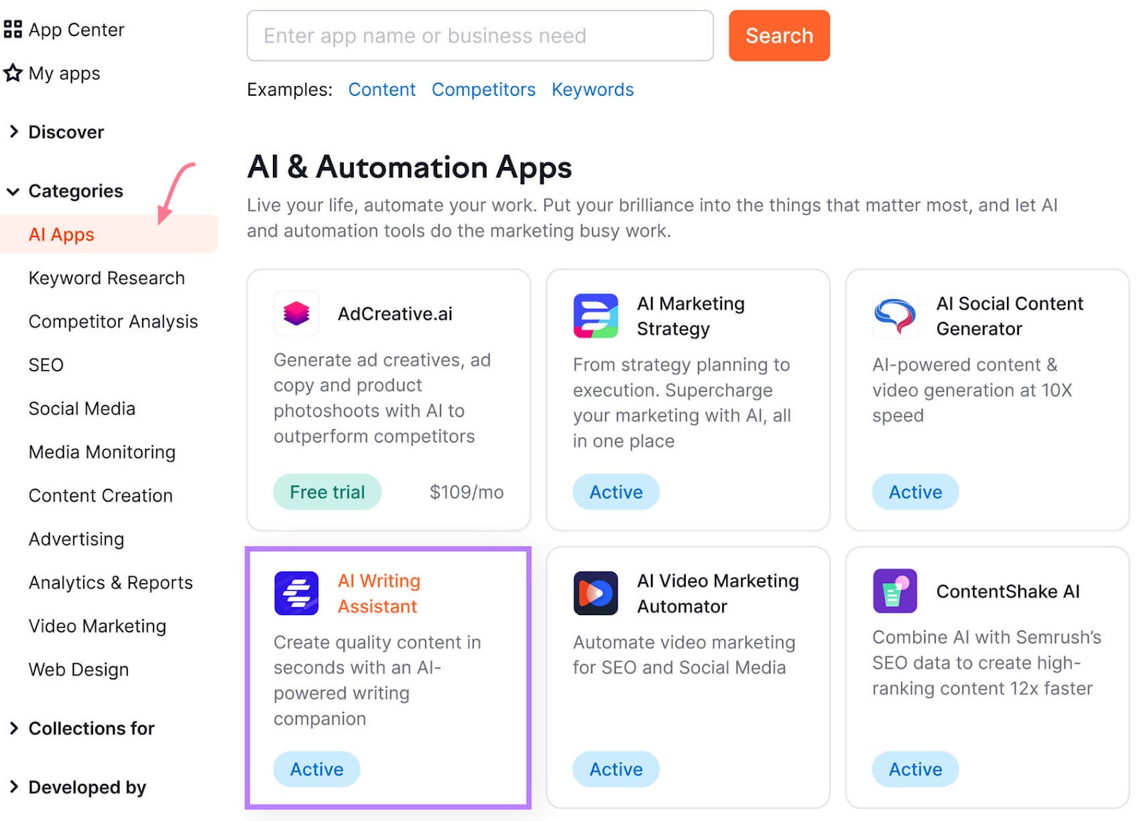 Semrush App Center interface focused on "AI & Automation Apps," with the option "AI Writing Assistant" highlighted.