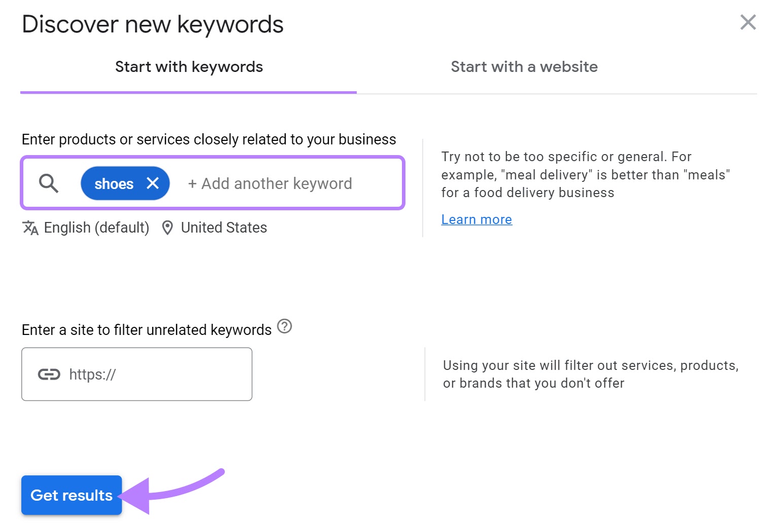 “Discover new keywords” window in Keyword Planner
