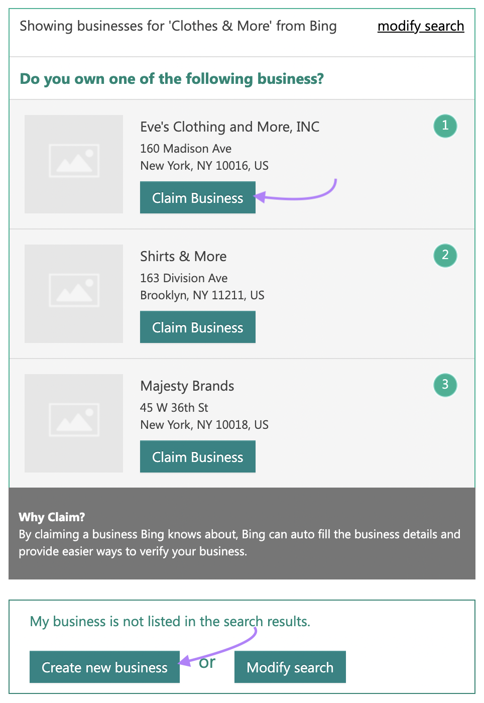 a page showing businesses to "Clothes & More" from Bing, where you can either claim a business or create new