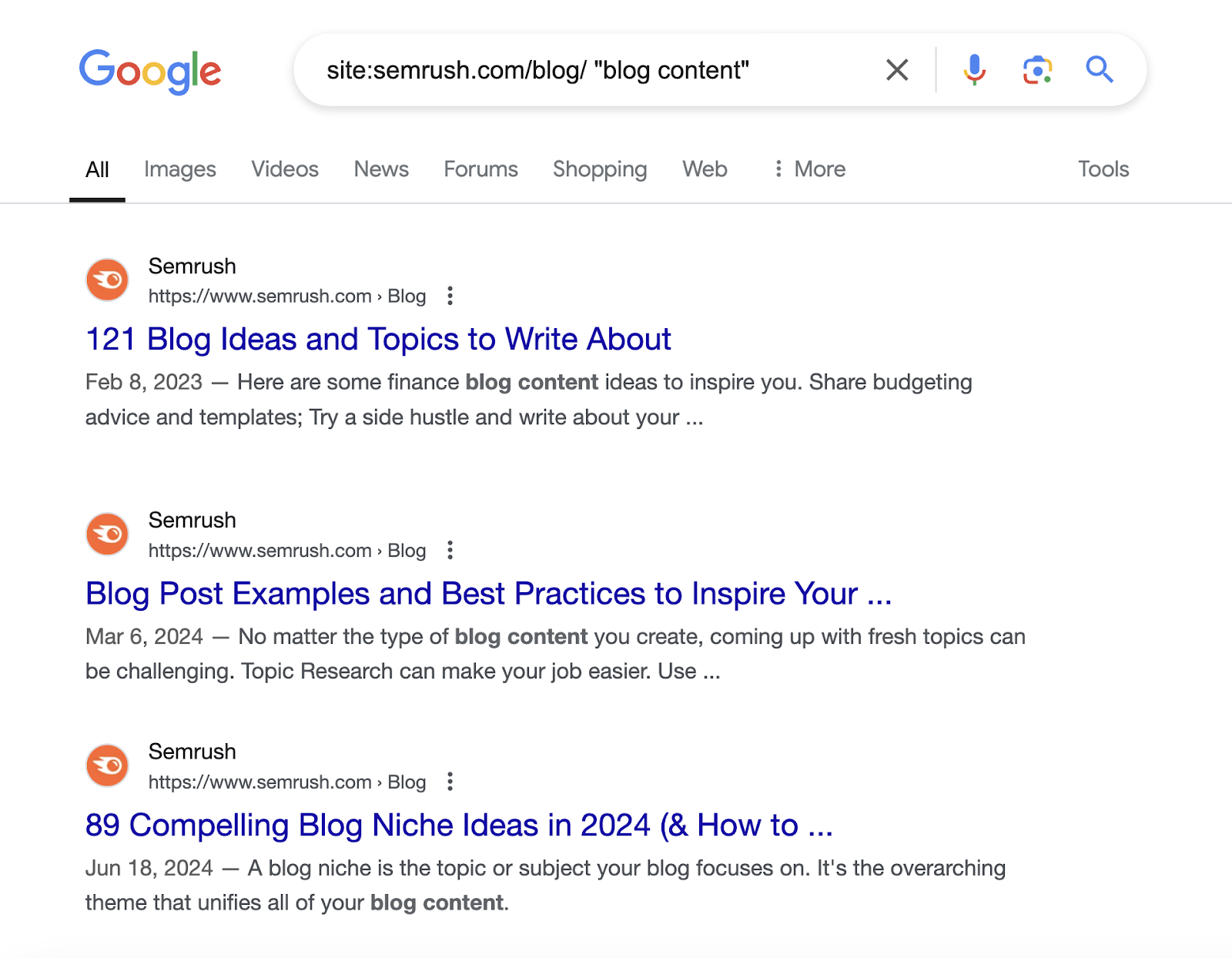 site search shows blog posts in the subfolder that include the keyword