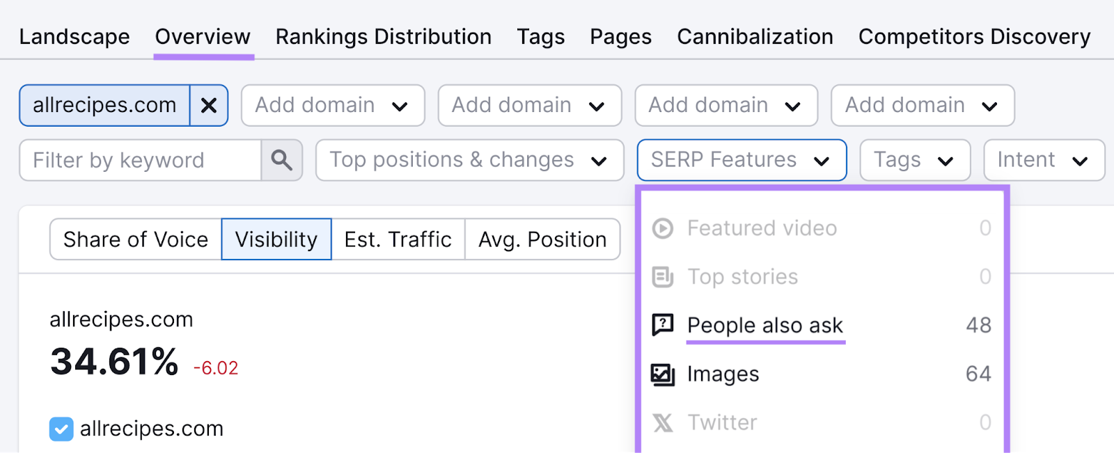 navigating to "people also ask" filter in Position Tracking tool