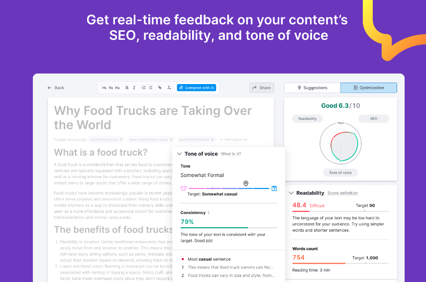 ContentShake interface demonstrating tone of voice analysis and readability