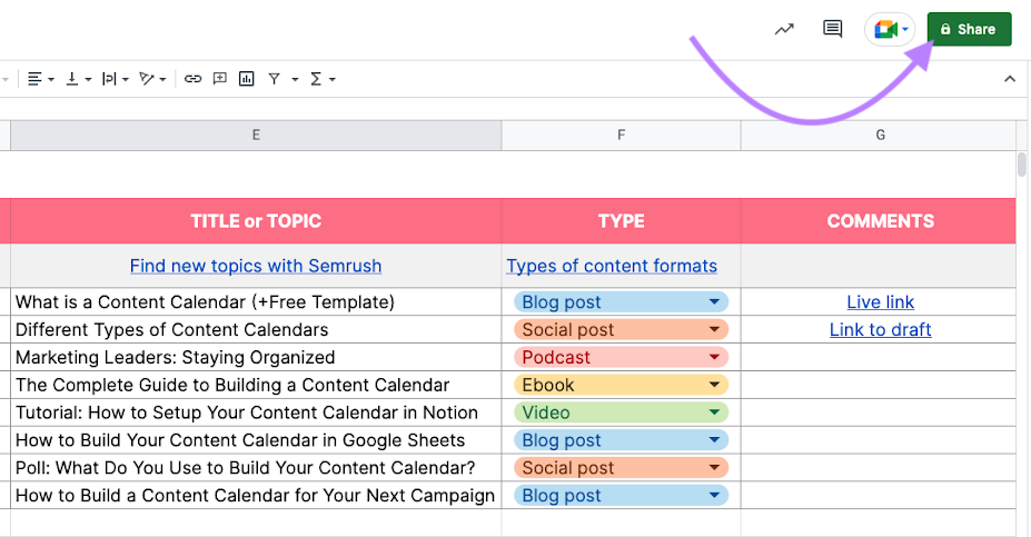 A Guide to Content Calendars (+ Free Templates for Making One) 9 Share button highlighted on Google Sheets content calendar example