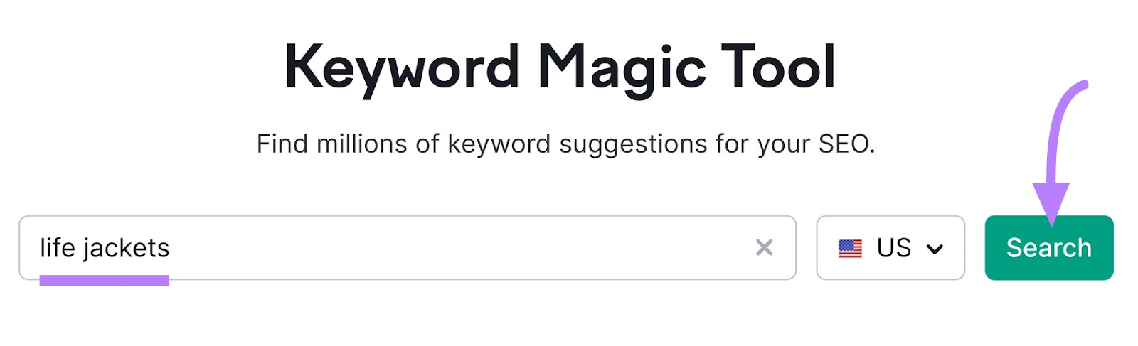 "gilets de sauvetage" saisis dans la barre de recherche de Keyword Magic Tool