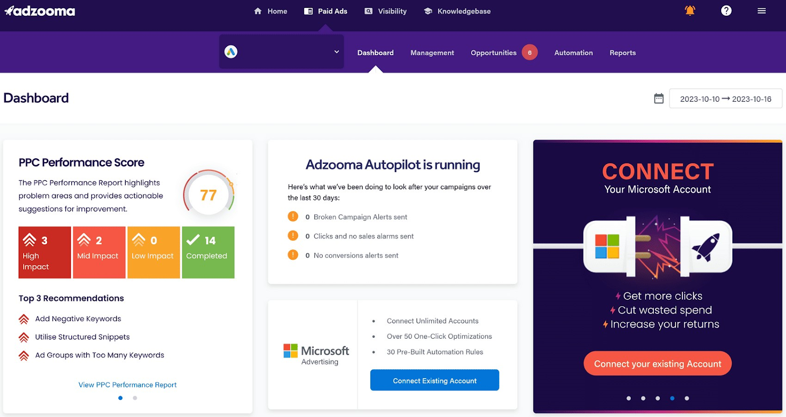 Adzooma's main dashboard