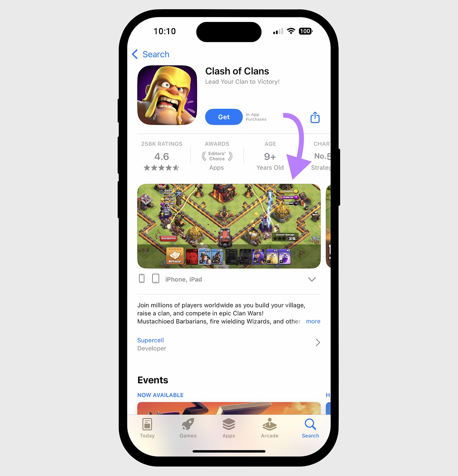 Clash of Clans app in Apple App Store with arrow pointing to screenshots carousel