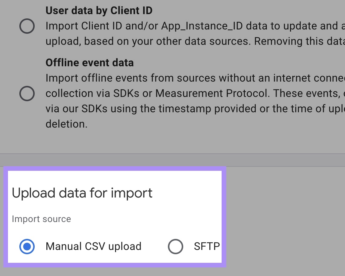 "Manual CVS upload" option selected