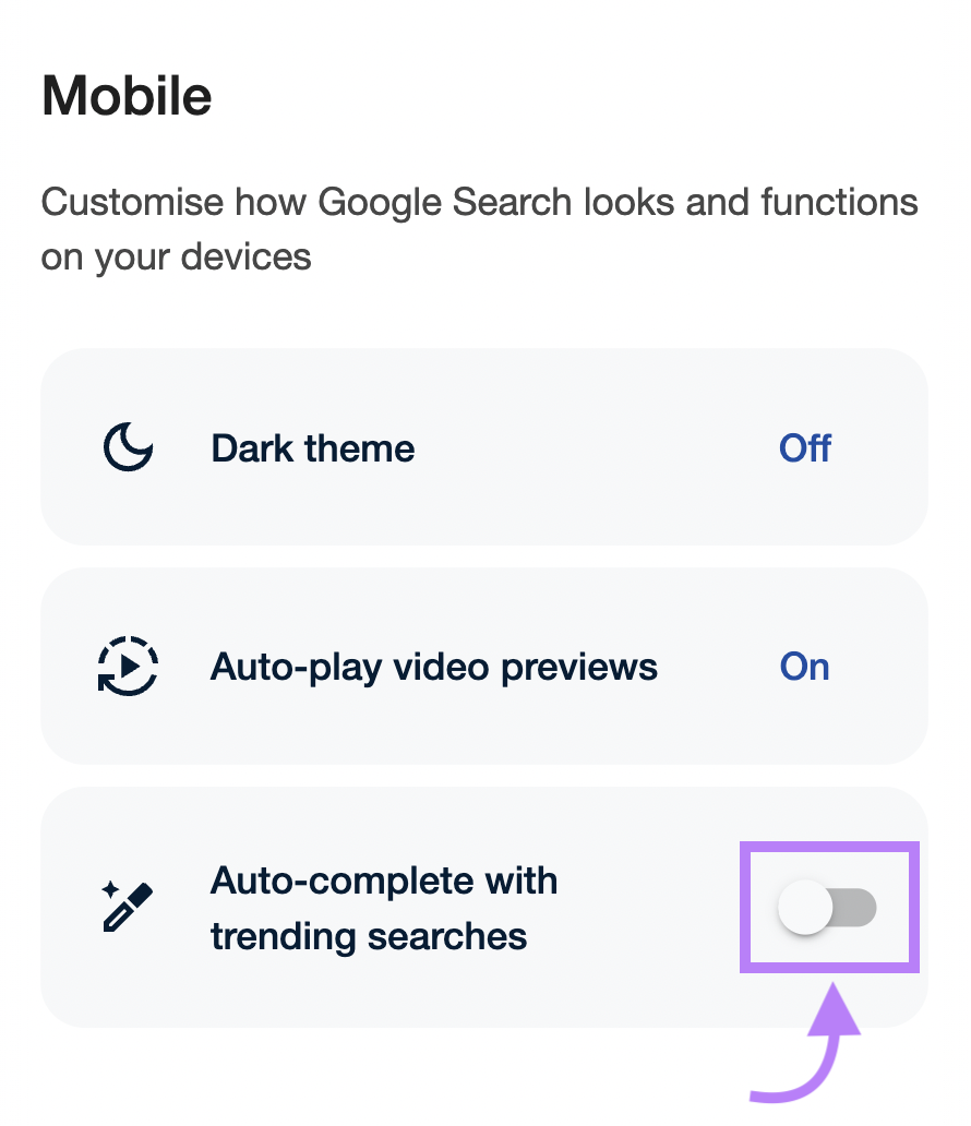 “Auto-complete with trending searches” switch highlighted in purple