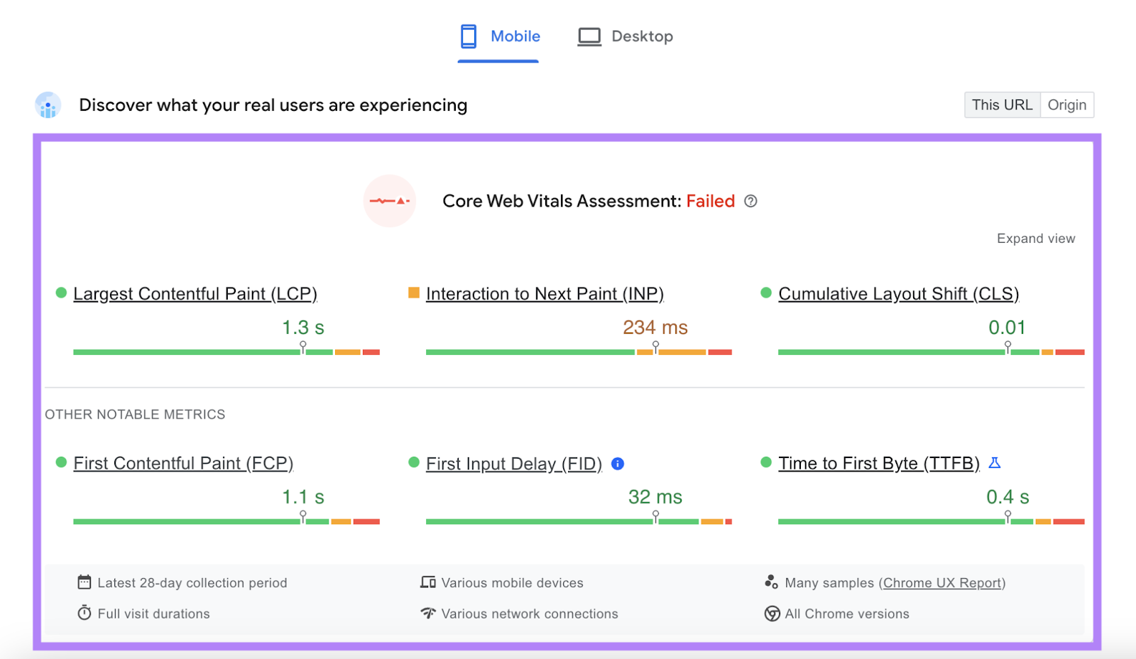 core web vitals report highlighted with all six metrics and their scores for that page