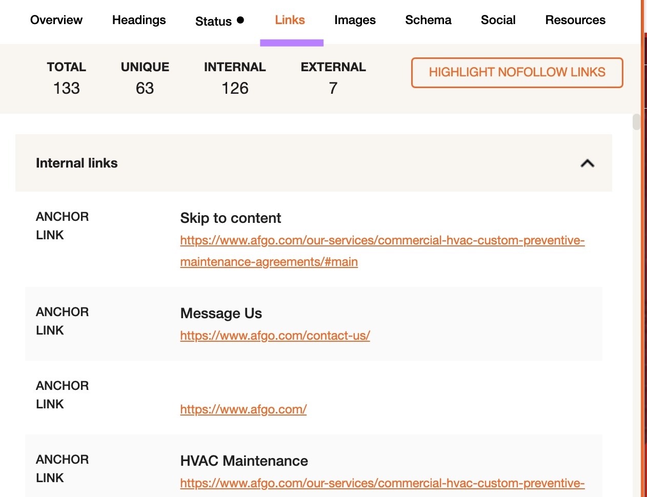 The "Links" tab on the SEO Pro Extension categorizing links by total, unique, internal, and external.
