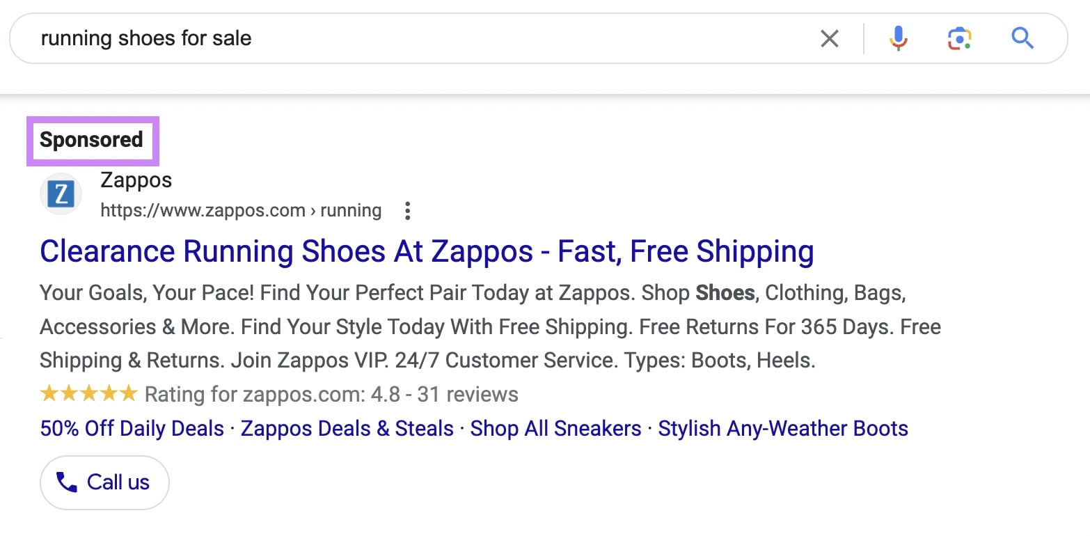 A paid ecommerce ad on Google Search from Zappos