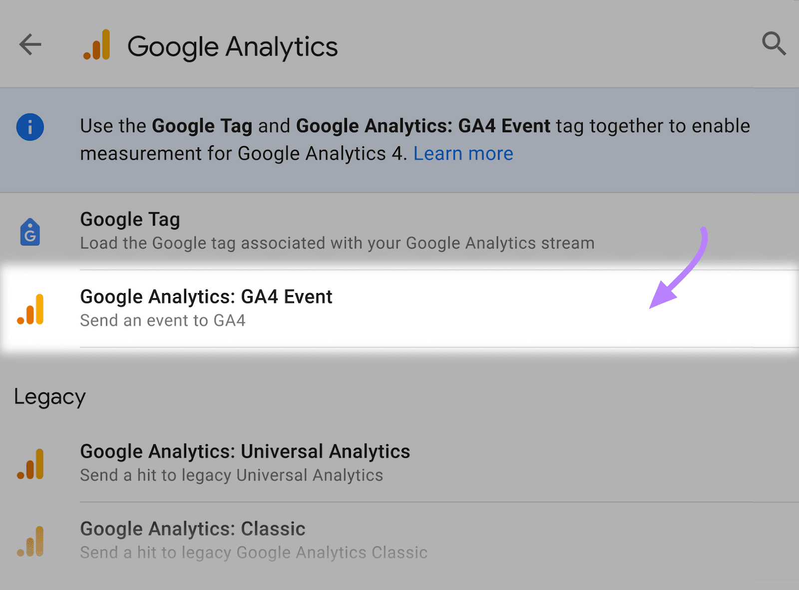 “Google Analytics: GA4 Event” selected from the list under "Google Analytics"