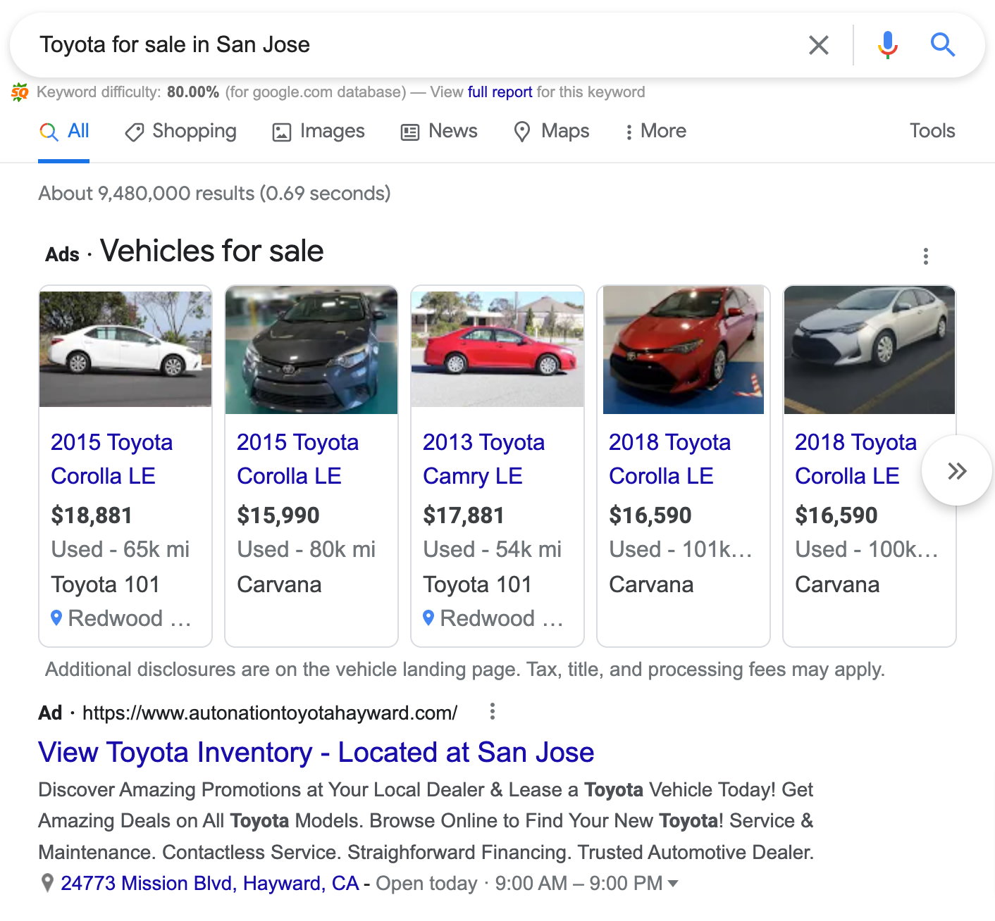 ads for the search Toyota for sale in San Jose