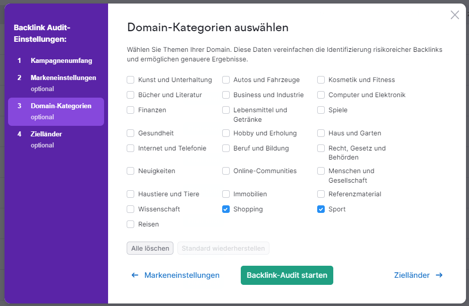 Screenshot: Domain-Kategorien auswählen