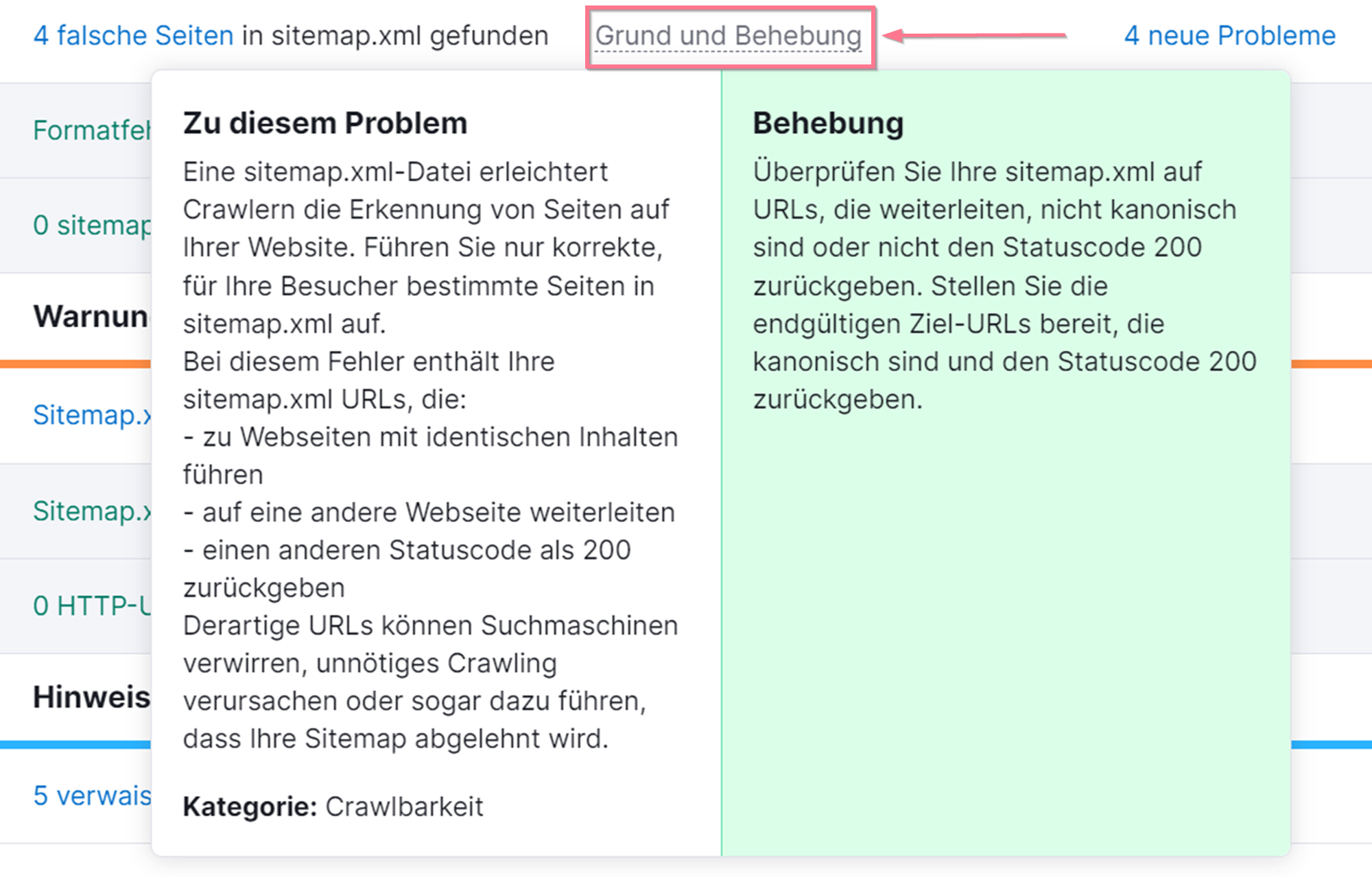 Site Audit: Sitemap Fehler Behebung