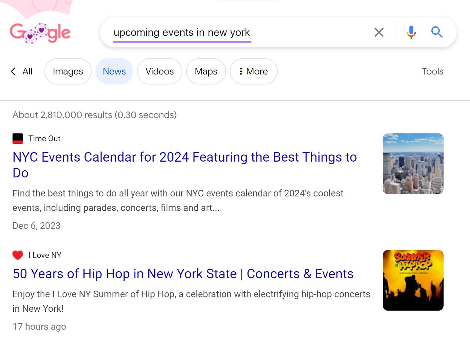 A conception  of Google's SERP showing results for “upcoming events successful  caller   york" query