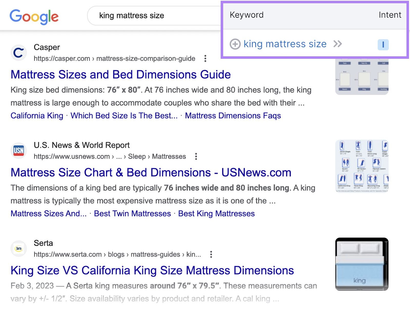 Google results for “king mattress size” search