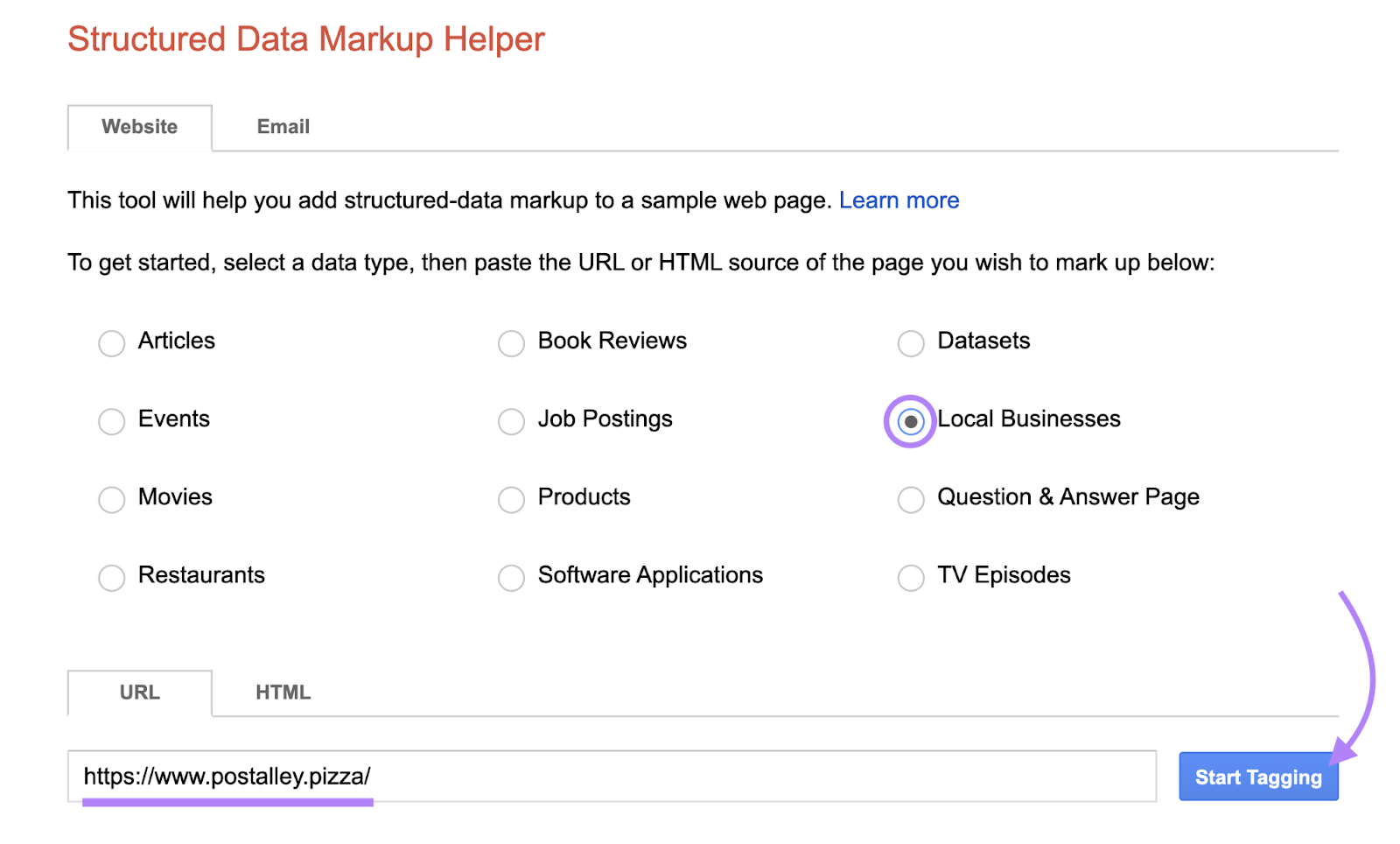 local business is entered into the structured data markup helper