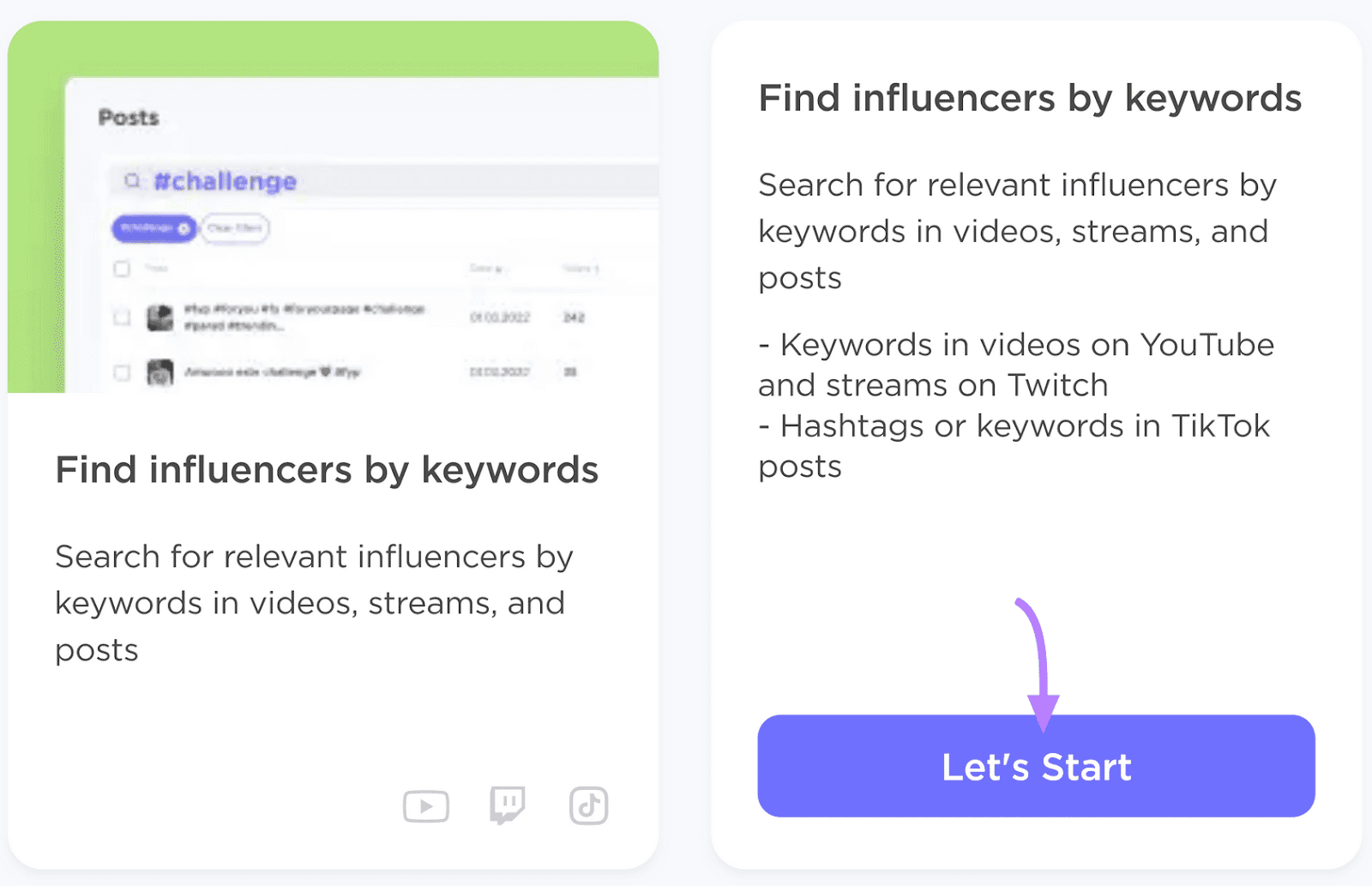 Two-panel representation  with instructions connected  uncovering  influencers by keyword and a bluish  "Let's Start" button.