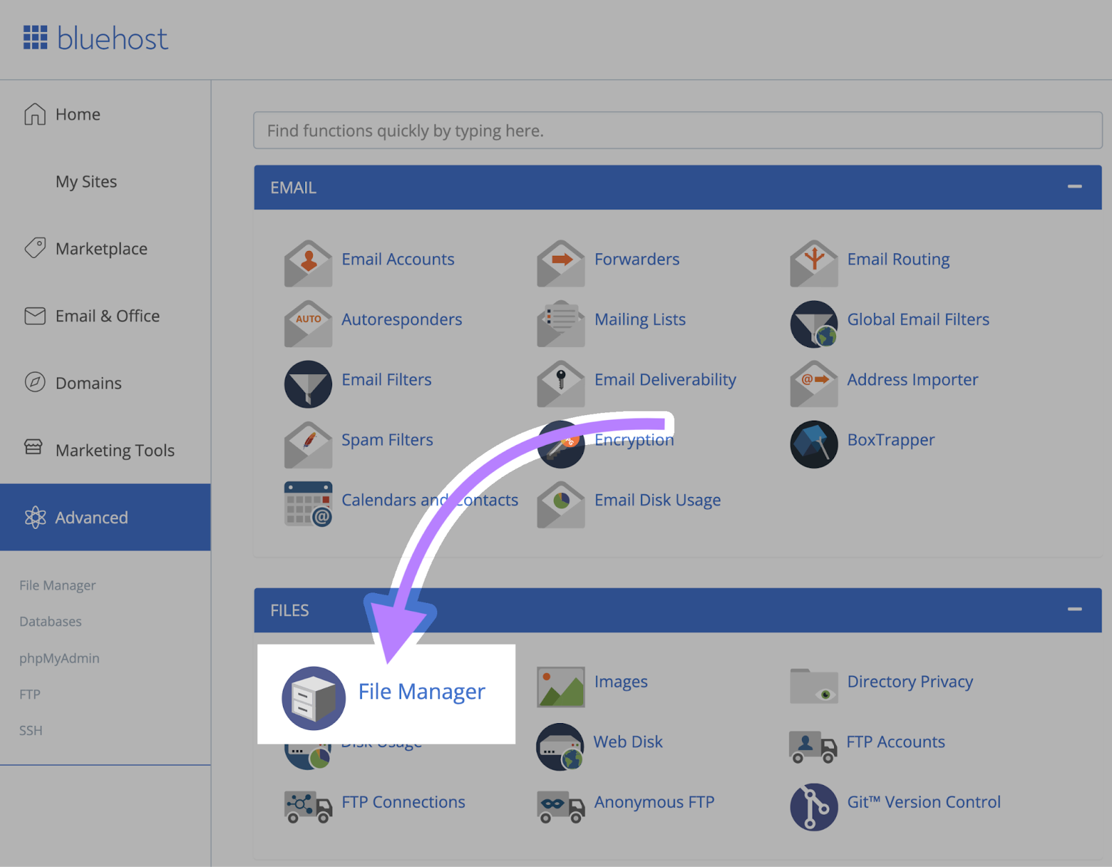 Click “File Manager” in Bluehost