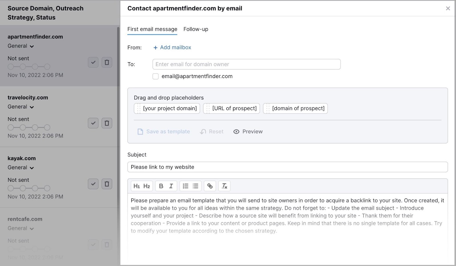 Outreach email drafted in Semrush Link Building Tool Editor
