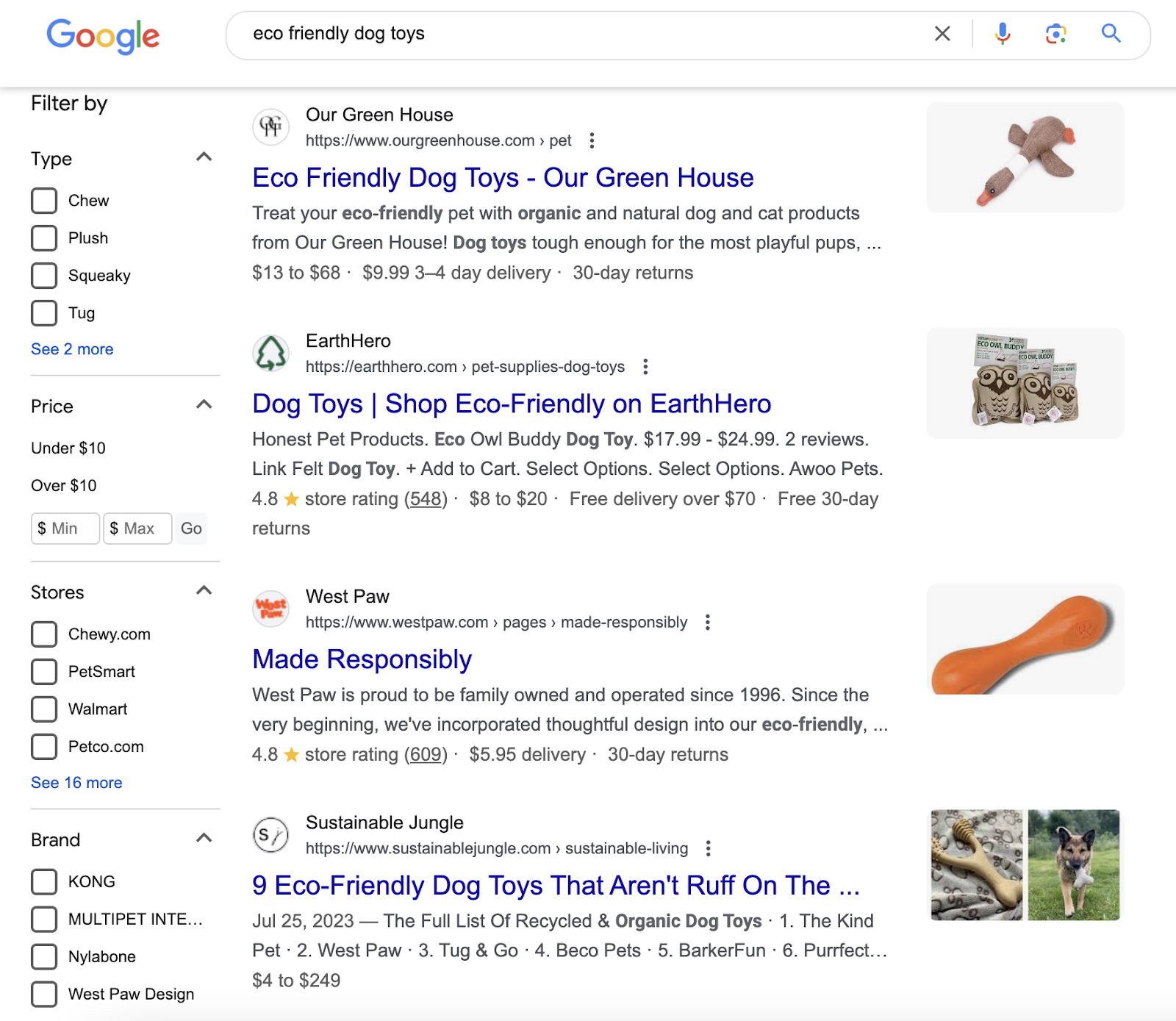 Google search results for “eco friendly dog toys.”