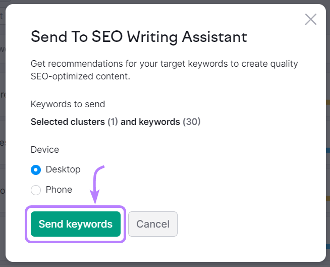 "Send To SEO Writing Assistant" pop-up window