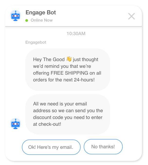An example of a message from chatbot reminding user of a free shipping on the website