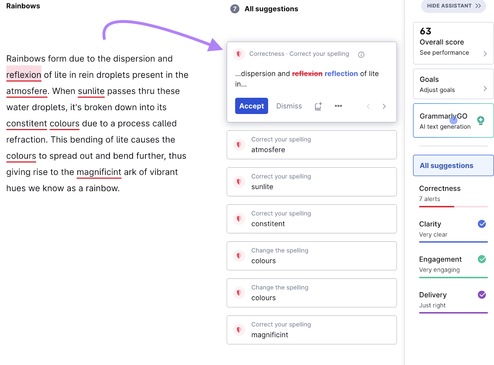 an example of misspellings underlined in red in Grammarly editor