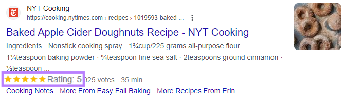 "Rating:5" highlighted for NYT Cooking's apple cider recipe on Google SERP