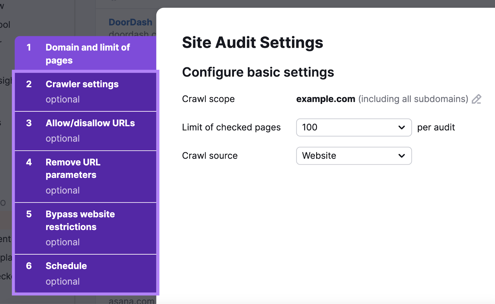 Site Audit Settings tabs highlighted on the left-hand navigation menu