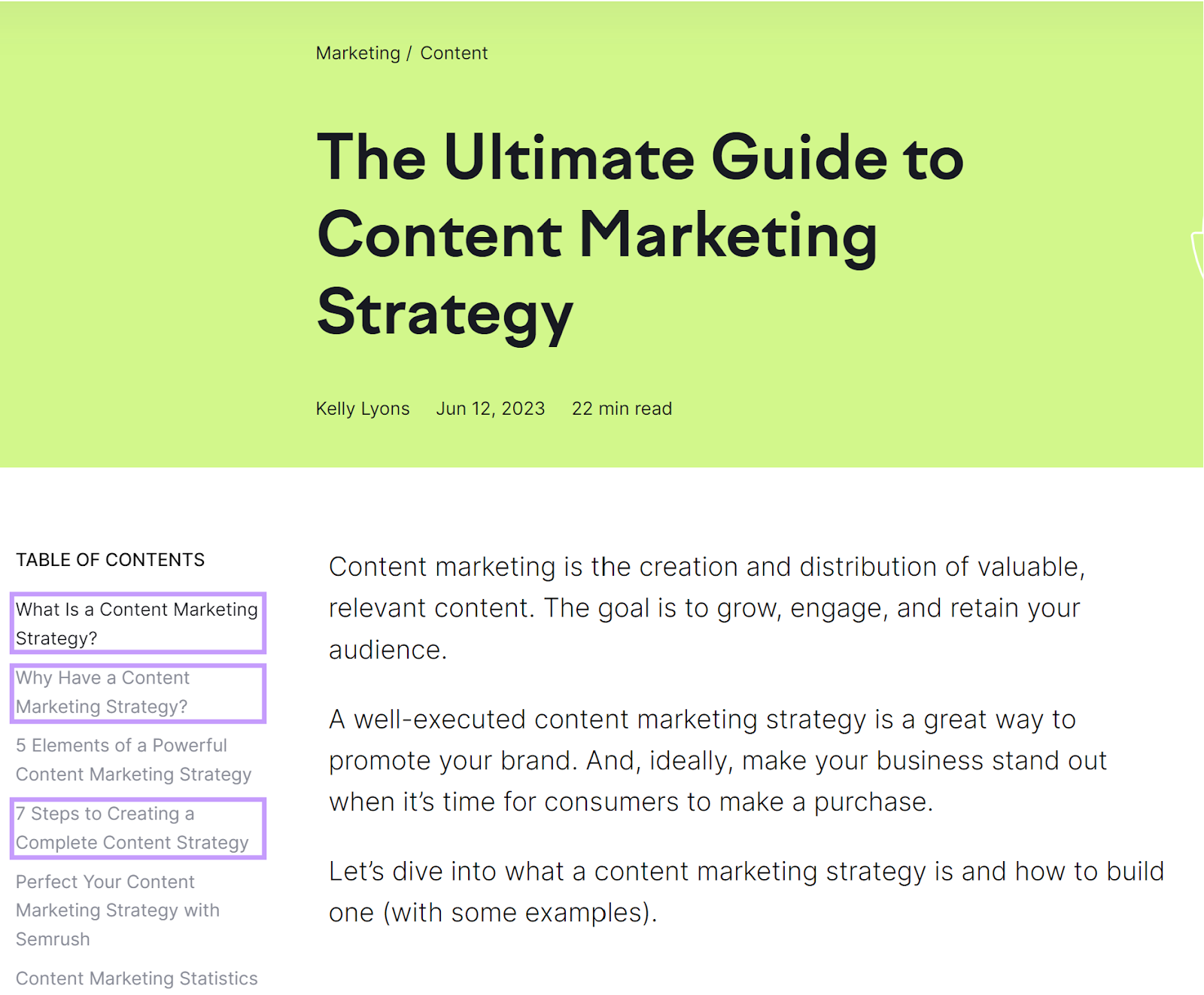Semrush's blog titled "Ultimate Guide to Content Marketing Strategy"