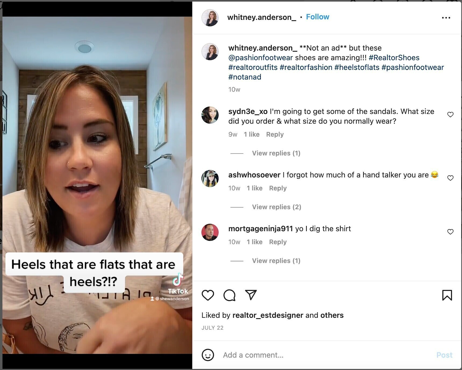 Captura de tela do vídeo do Instagram por Whitney Anderson sobre seus sapatos Pashion Footwear