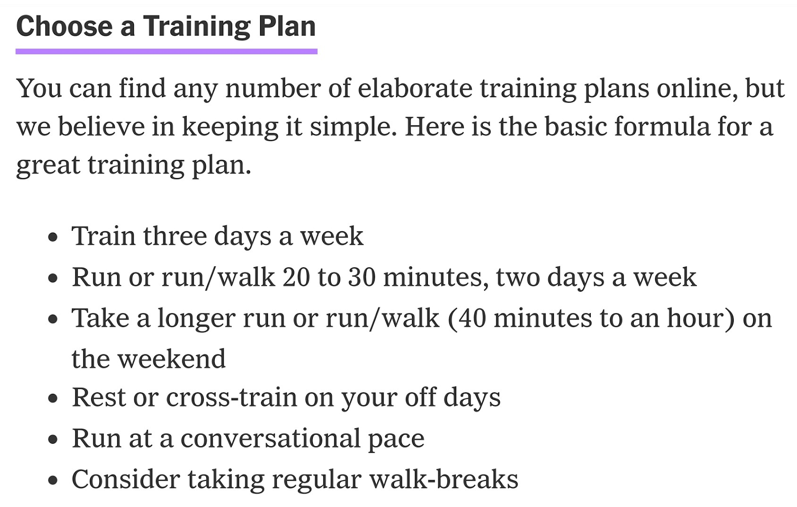“Choose a Training Plan” subheading