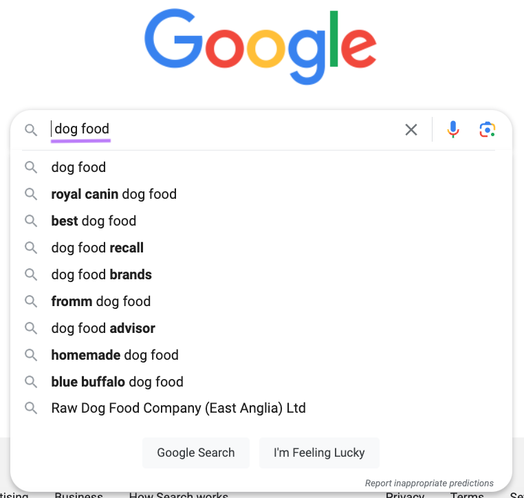Google autocomplete suggestions when typing "  food" into the search box