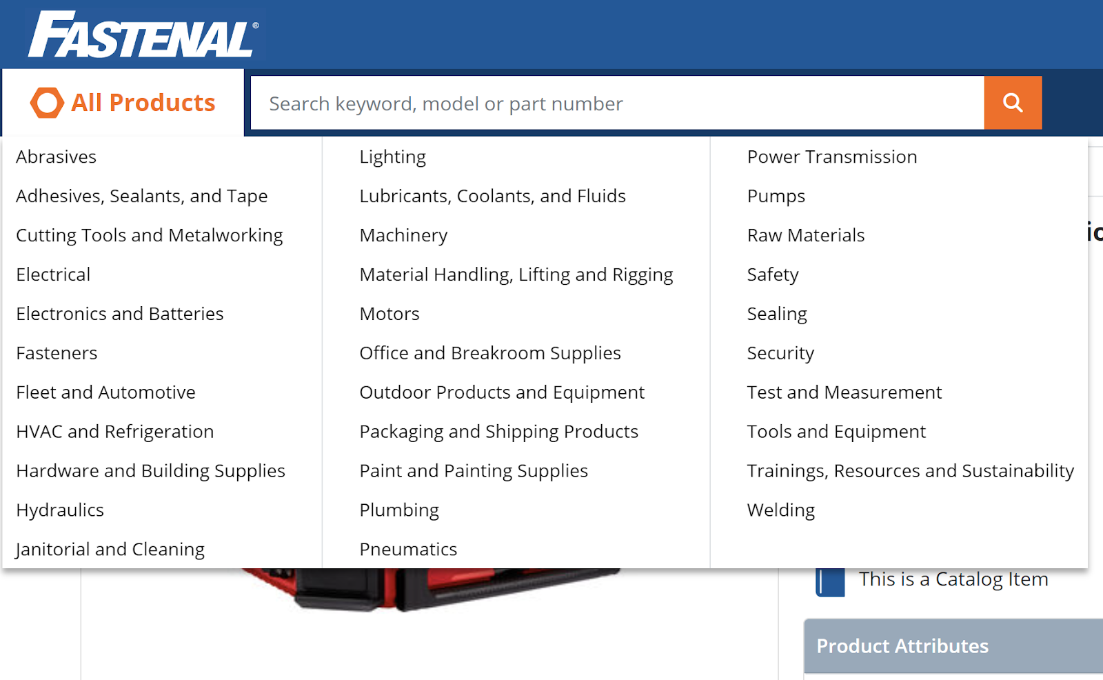 All products drop-down menu on Fastenal's website