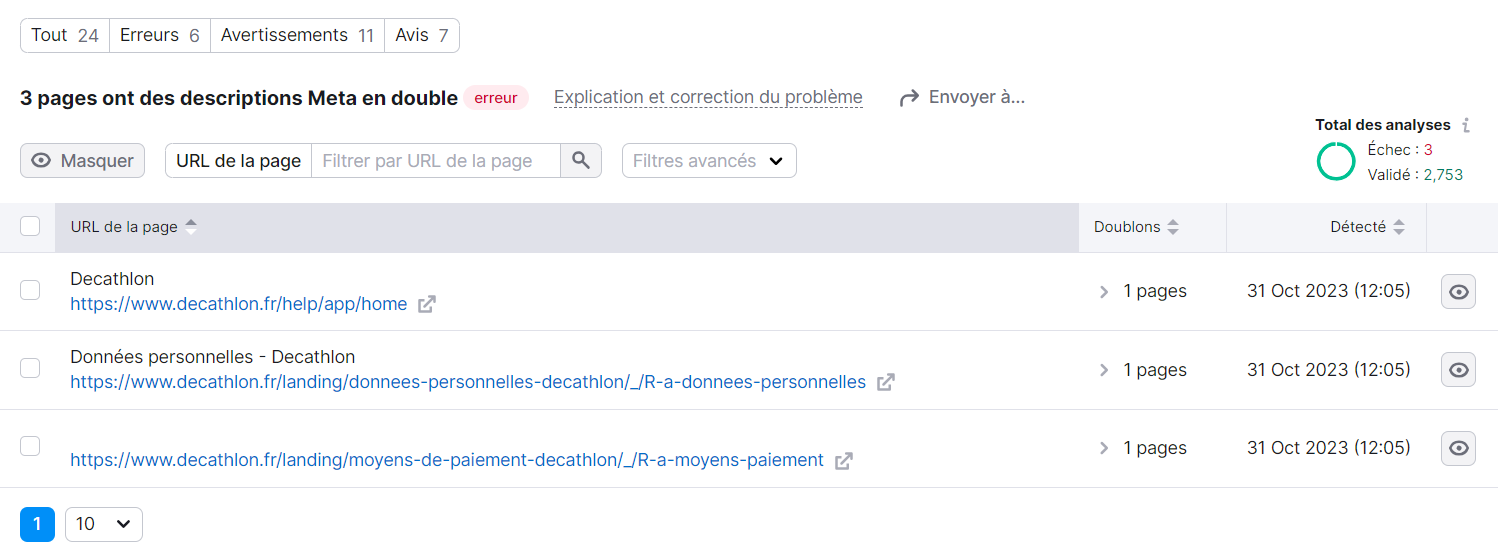 Détails des problèmes dans Audit de site, avec URL touchées