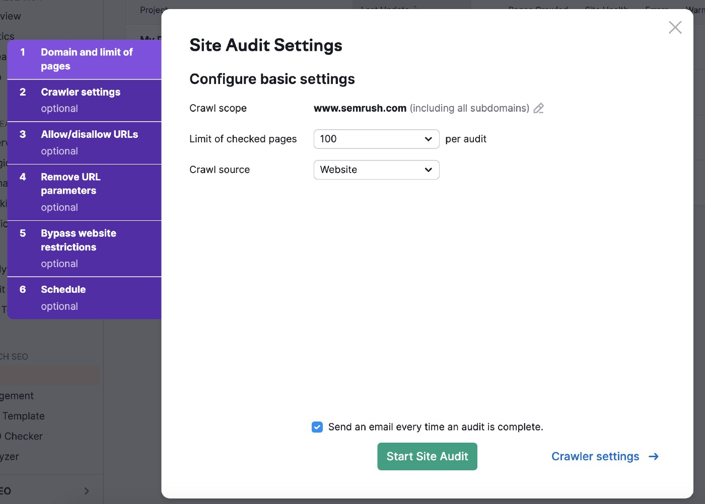 Página de Configuración de la Auditoría del Sitio