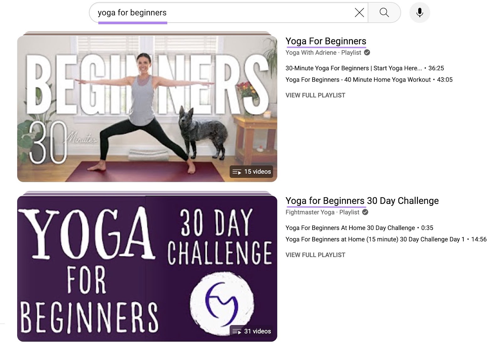 Video playlists for the term 'yoga for beginners' on Youtube with the keywords in the titles highlighted.