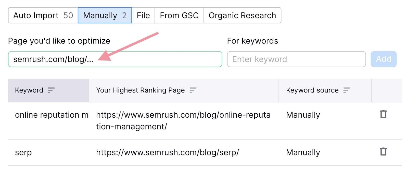 select pages and keywords to analyze